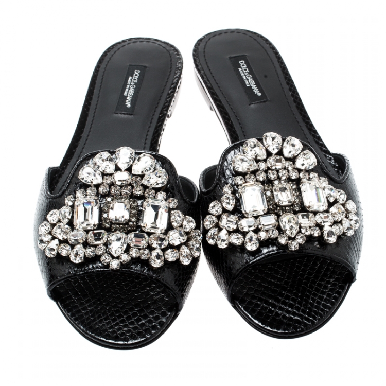 مملوكة مسبقًا Dolce and Gabbana Black Crystal Embellished Snakeskin Leather Bianca Flat Slides Size 37.5