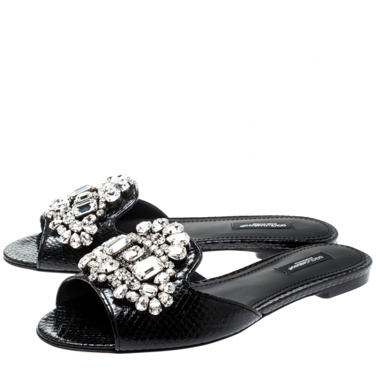 مملوكة مسبقًا Dolce and Gabbana Black Crystal Embellished Snakeskin Leather Bianca Flat Slides Size 37.5