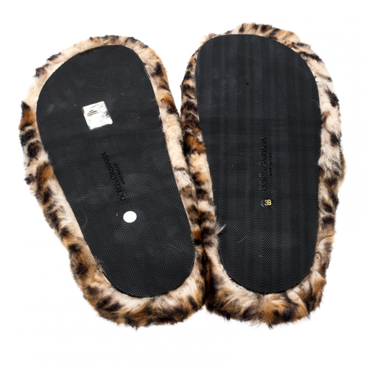 Pre Owned Dolce and Gabbana Brown Leopard Print Faux Fur Plush Flat Slides Size 39