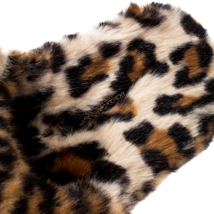 Pre Owned Dolce and Gabbana Brown Leopard Print Faux Fur Plush Flat Slides Size 39