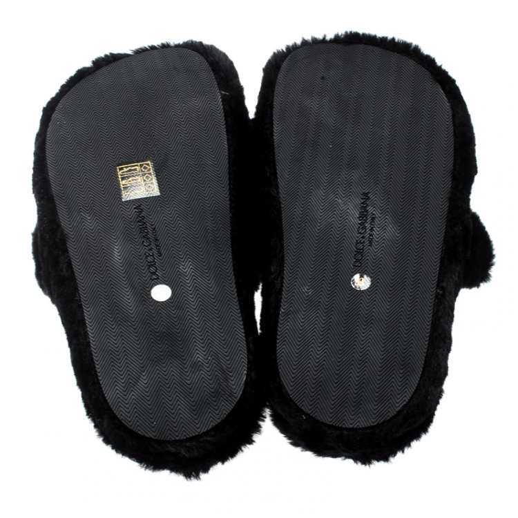 Pre Owned Dolce and Gabbana Black Faux Fur Panther Plush Flat Slides Size 39