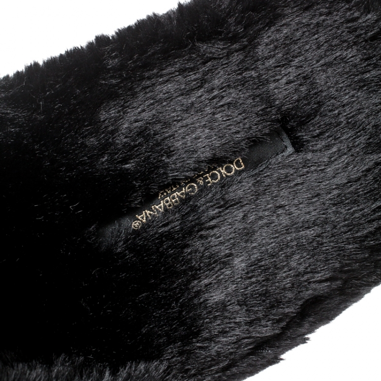 Pre Owned Dolce and Gabbana Black Faux Fur Panther Plush Flat Slides Size 39