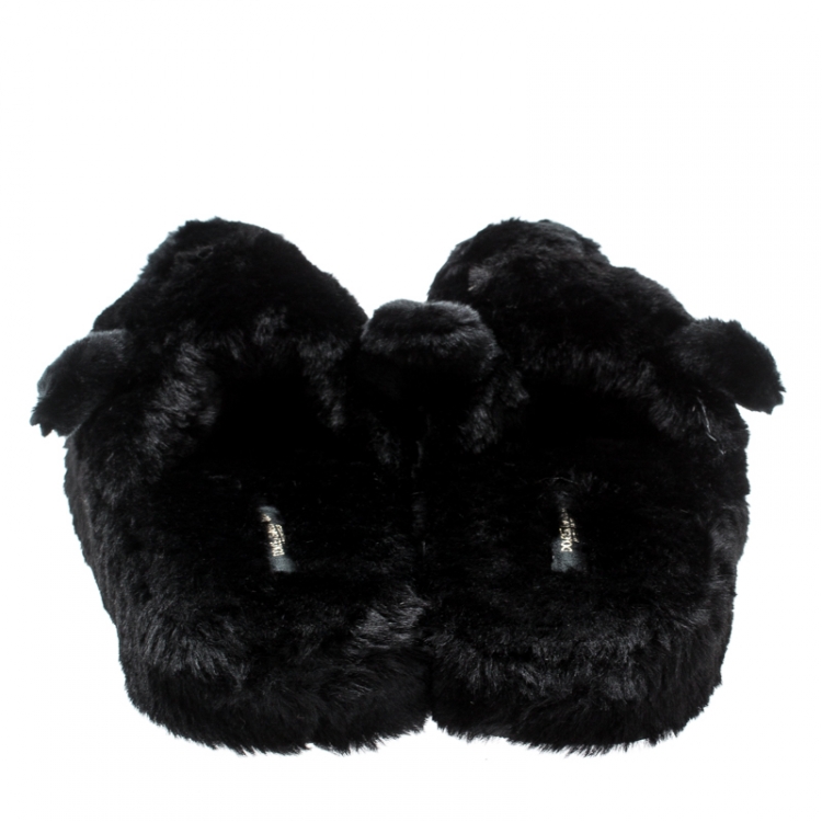 Pre Owned Dolce and Gabbana Black Faux Fur Panther Plush Flat Slides Size 39