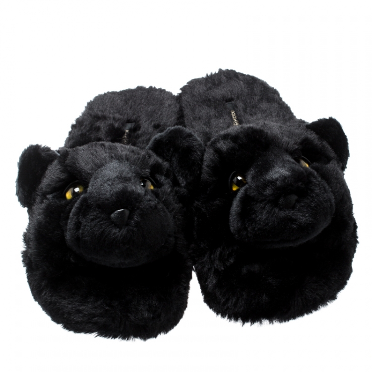 Pre Owned Dolce and Gabbana Black Faux Fur Panther Plush Flat Slides Size 39