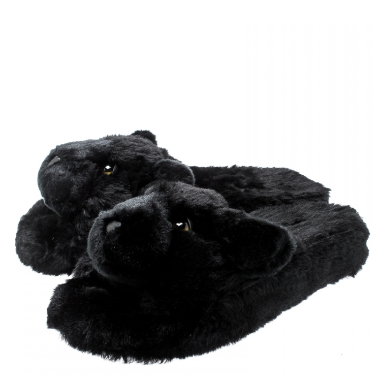 Pre Owned Dolce and Gabbana Black Faux Fur Panther Plush Flat Slides Size 39