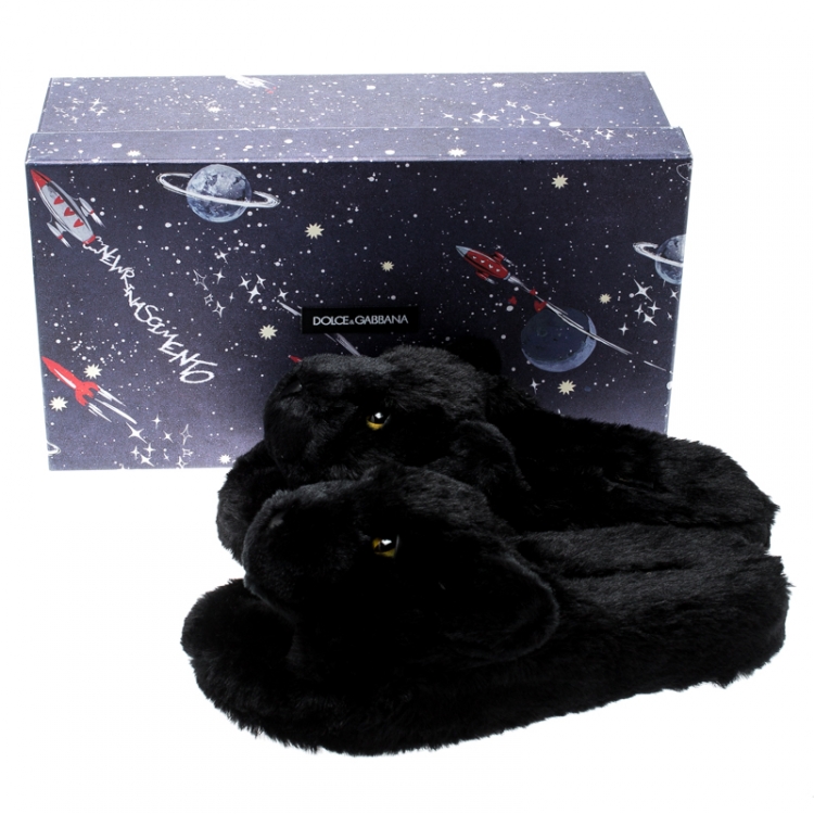 Pre Owned Dolce and Gabbana Black Faux Fur Panther Plush Flat Slides Size 39