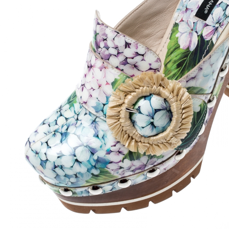 Pre Owned Dolce and Gabbana Multicolor Hydrangea Print Patent Leather Taormina Platform Clogs Size 36.5
