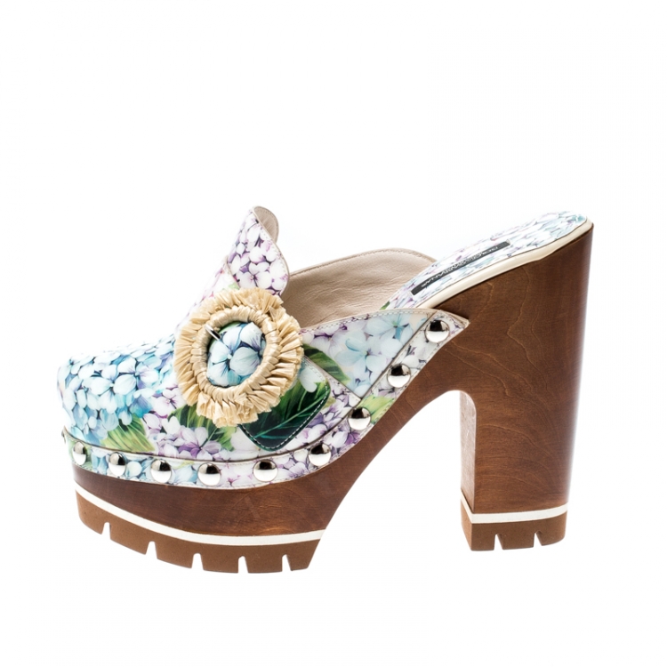Pre Owned Dolce and Gabbana Multicolor Hydrangea Print Patent Leather Taormina Platform Clogs Size 36.5