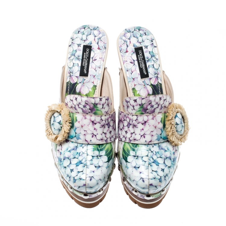 Pre Owned Dolce and Gabbana Multicolor Hydrangea Print Patent Leather Taormina Platform Clogs Size 36.5