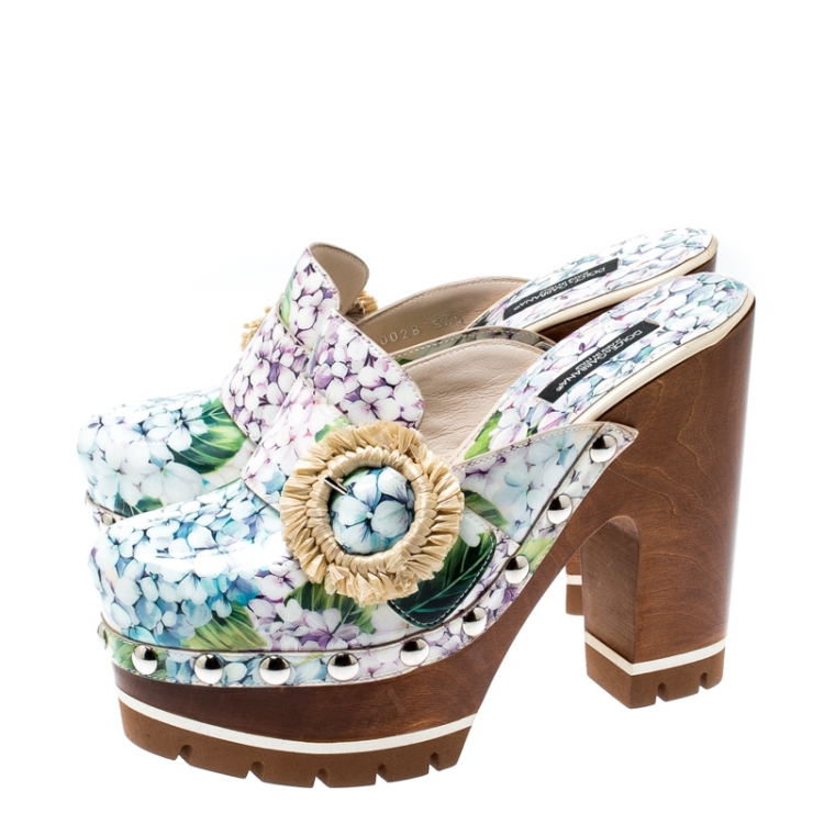 Pre Owned Dolce and Gabbana Multicolor Hydrangea Print Patent Leather Taormina Platform Clogs Size 36.5