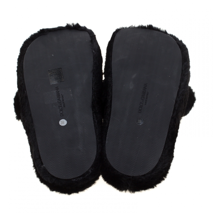 Pre Owned Dolce and Gabbana Black Faux Fur Panther Plush Flat Slides Size 39