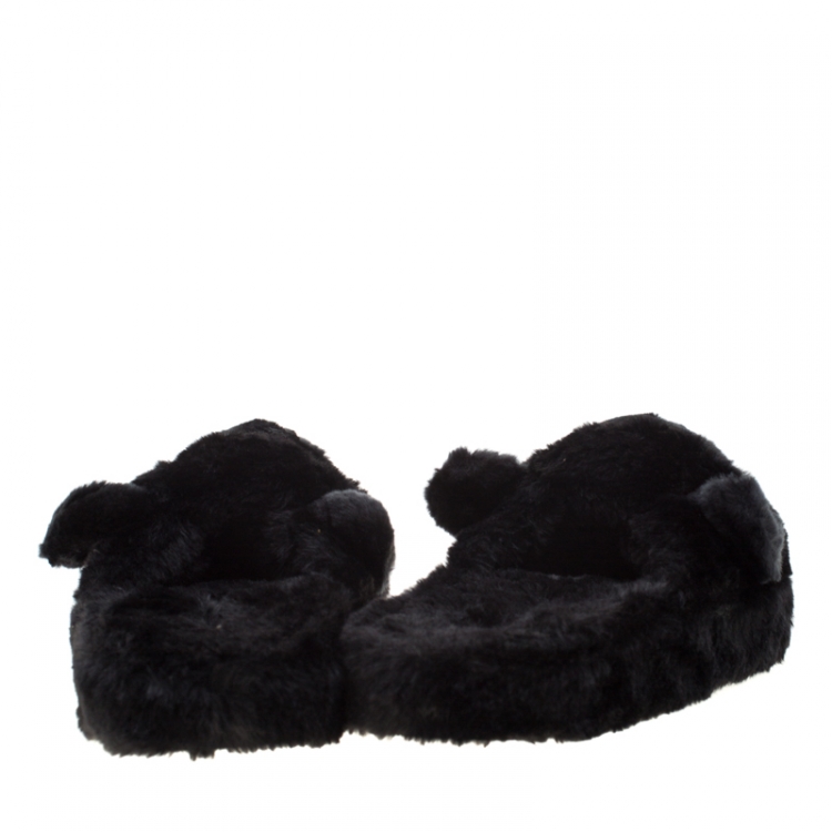 Pre Owned Dolce and Gabbana Black Faux Fur Panther Plush Flat Slides Size 39