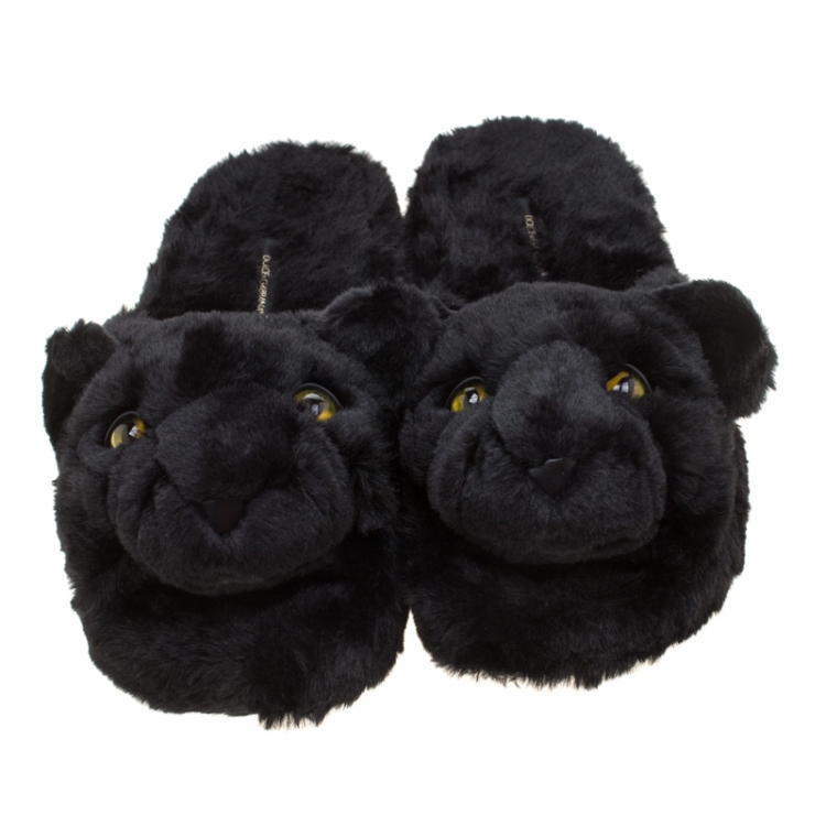 Pre Owned Dolce and Gabbana Black Faux Fur Panther Plush Flat Slides Size 39