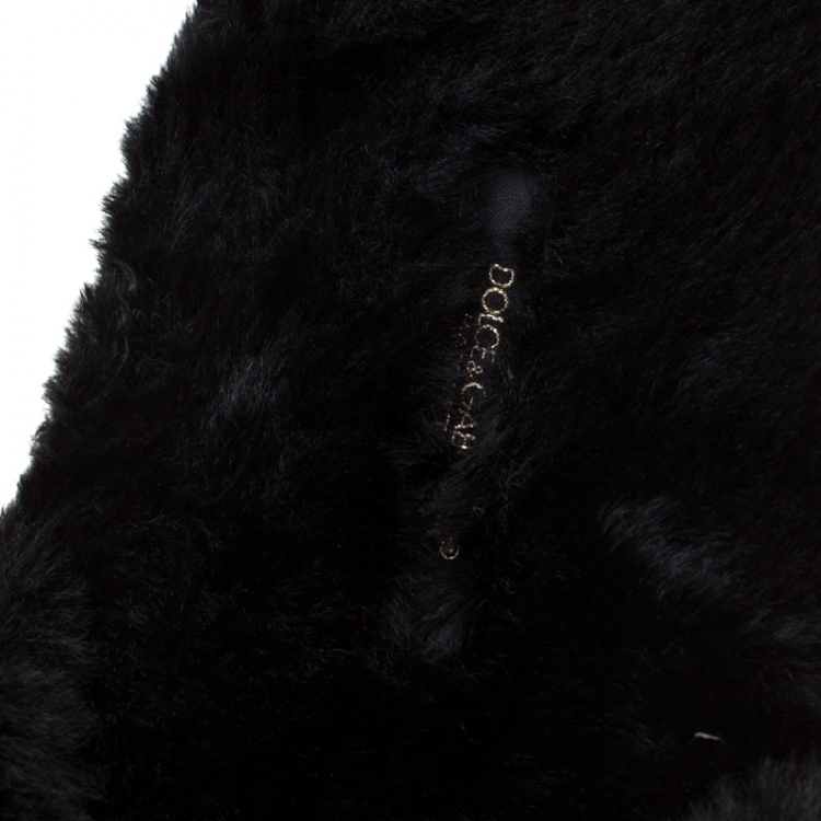 Pre Owned Dolce and Gabbana Black Faux Fur Panther Plush Flat Slides Size 39