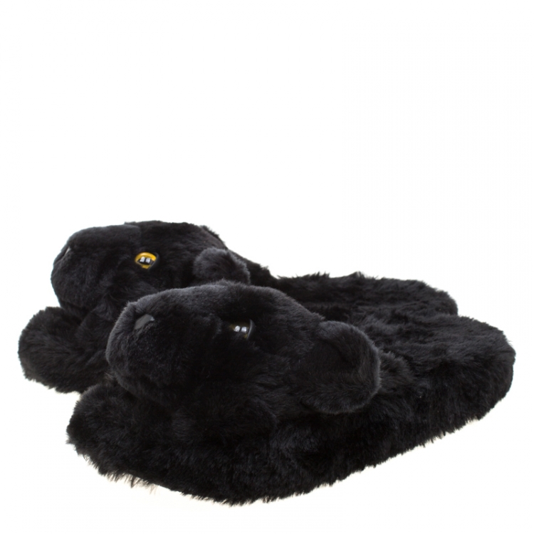 Pre Owned Dolce and Gabbana Black Faux Fur Panther Plush Flat Slides Size 39