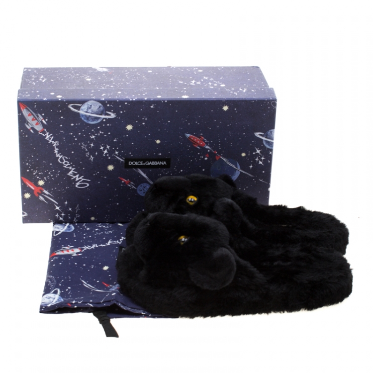 Pre Owned Dolce and Gabbana Black Faux Fur Panther Plush Flat Slides Size 39