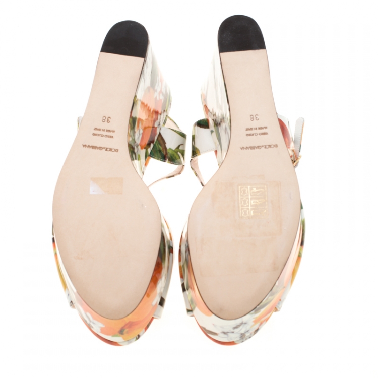 Pre Owned Dolce and Gabbana Orange Print Patent Leather Ankle Strap Platform Wedge Sandals Size 38