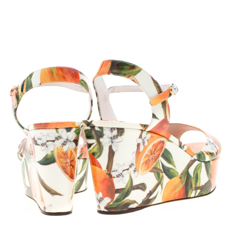 Pre Owned Dolce and Gabbana Orange Print Patent Leather Ankle Strap Platform Wedge Sandals Size 38