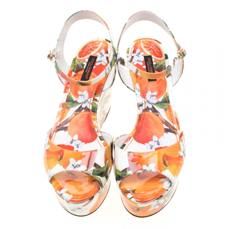 Pre Owned Dolce and Gabbana Orange Print Patent Leather Ankle Strap Platform Wedge Sandals Size 38