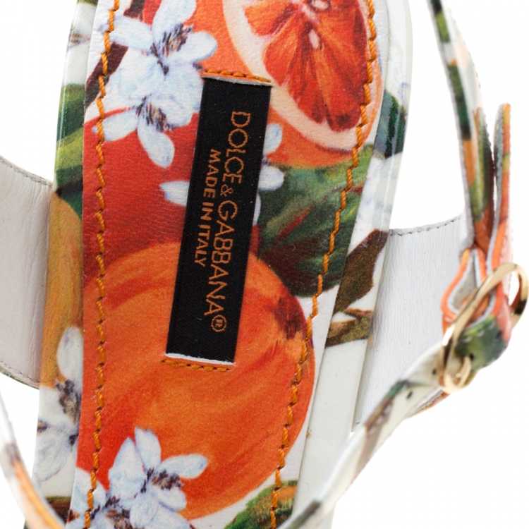 Pre Owned Dolce and Gabbana Orange Print Patent Leather Ankle Strap Platform Wedge Sandals Size 38