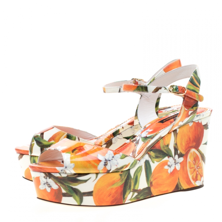 Pre Owned Dolce and Gabbana Orange Print Patent Leather Ankle Strap Platform Wedge Sandals Size 38