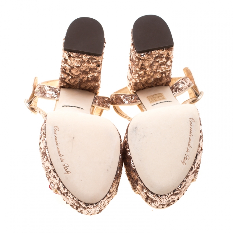 Pre Owned Dolce And Gabbana Metallic Bronze Sequin Kira Flower Embellished Platfrom Sandals Size 39