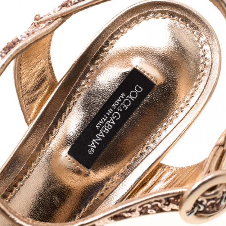 Pre Owned Dolce And Gabbana Metallic Bronze Sequin Kira Flower Embellished Platfrom Sandals Size 39