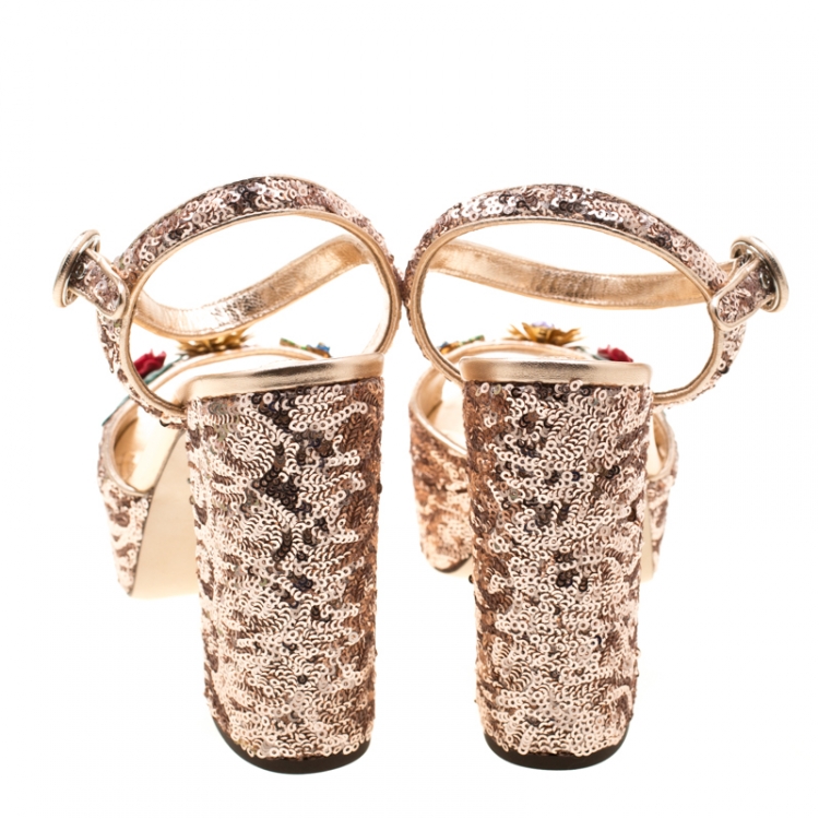 Pre Owned Dolce And Gabbana Metallic Bronze Sequin Kira Flower Embellished Platfrom Sandals Size 39
