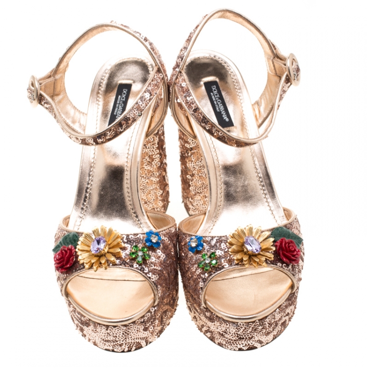 Pre Owned Dolce And Gabbana Metallic Bronze Sequin Kira Flower Embellished Platfrom Sandals Size 39