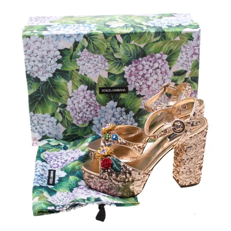 Pre Owned Dolce And Gabbana Metallic Bronze Sequin Kira Flower Embellished Platfrom Sandals Size 39