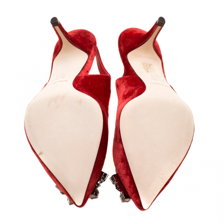 Pre Owned Dolce And Gabbana Red Velvet  Bellucci Crystal Embellished Pointed Toe Slingback Sandals Size 38.5