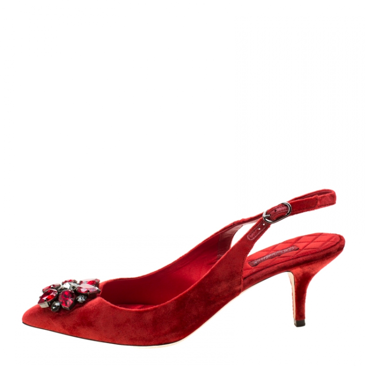 Pre Owned Dolce And Gabbana Red Velvet  Bellucci Crystal Embellished Pointed Toe Slingback Sandals Size 38.5