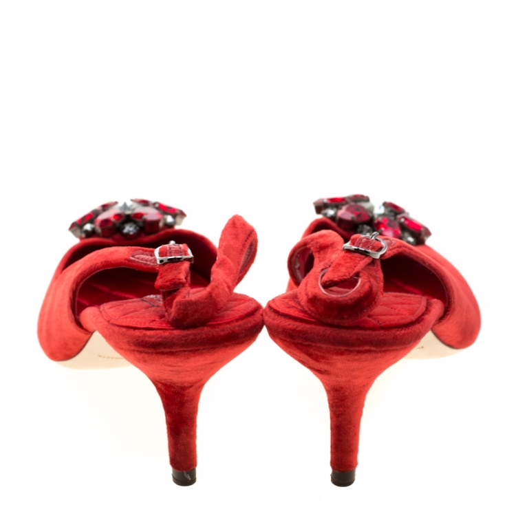 Pre Owned Dolce And Gabbana Red Velvet  Bellucci Crystal Embellished Pointed Toe Slingback Sandals Size 38.5