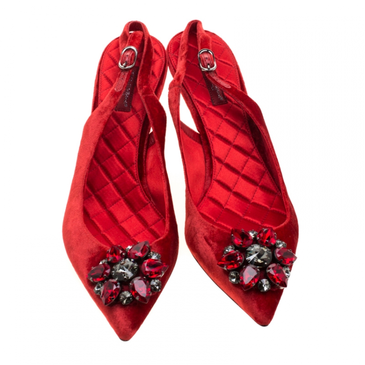 Pre Owned Dolce And Gabbana Red Velvet  Bellucci Crystal Embellished Pointed Toe Slingback Sandals Size 38.5