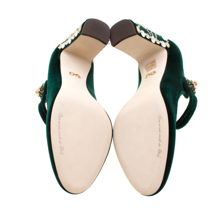 Pre Owned Dolce and Gabbana Green Velvet Crystal Embellished Heel Mary Jane Pumps Size 41