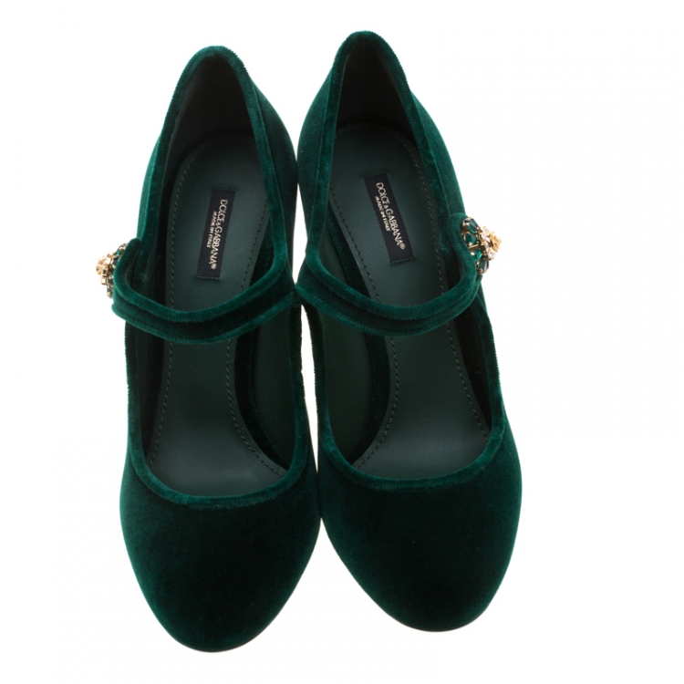 Pre Owned Dolce and Gabbana Green Velvet Crystal Embellished Heel Mary Jane Pumps Size 41