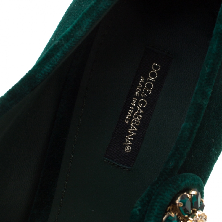 Pre Owned Dolce and Gabbana Green Velvet Crystal Embellished Heel Mary Jane Pumps Size 41