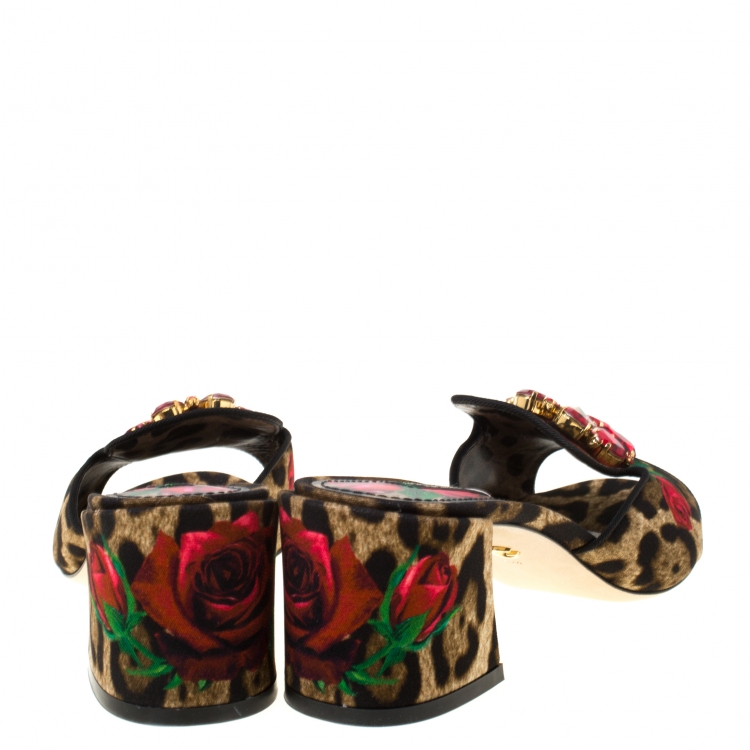 Pre Owned Dolce & Gabbana Brown Leopard And Floral Print Canvas Crystal Embellished Slip On Mules Size 39.5
