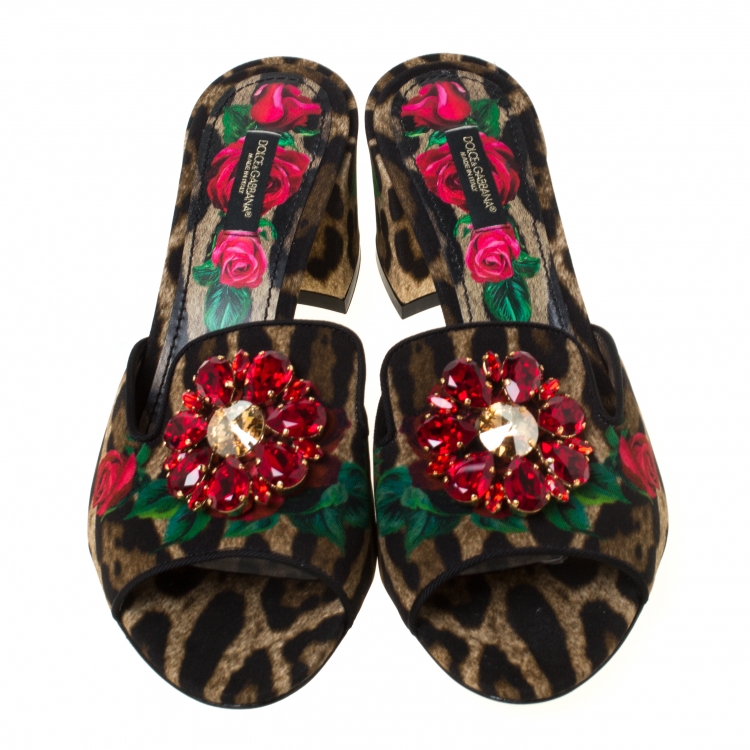 Pre Owned Dolce & Gabbana Brown Leopard And Floral Print Canvas Crystal Embellished Slip On Mules Size 39.5