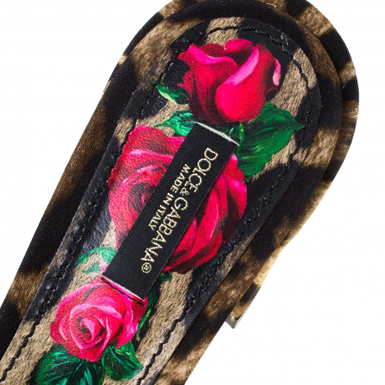 Pre Owned Dolce & Gabbana Brown Leopard And Floral Print Canvas Crystal Embellished Slip On Mules Size 39.5