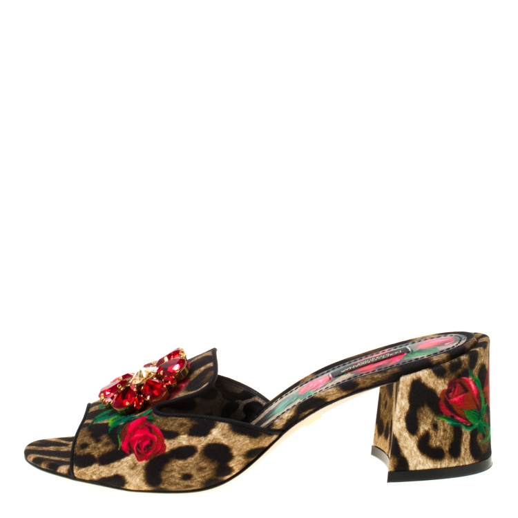 Pre Owned Dolce & Gabbana Brown Leopard And Floral Print Canvas Crystal Embellished Slip On Mules Size 39.5