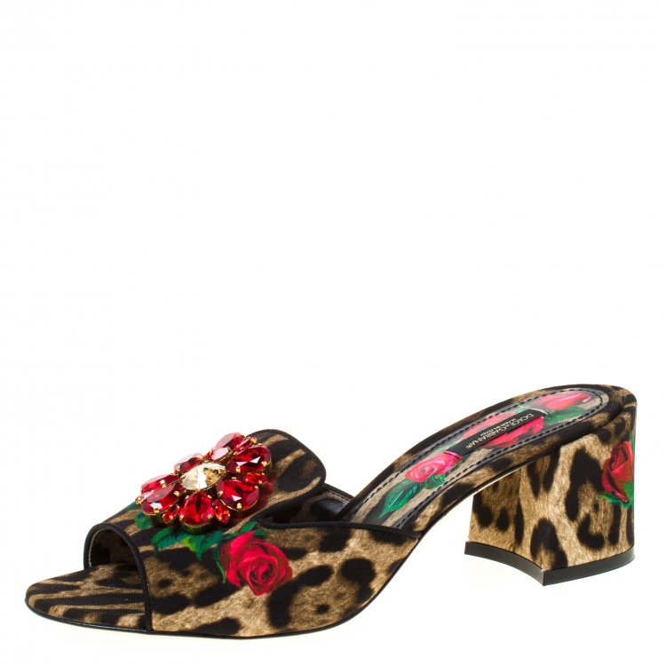 Pre Owned Dolce & Gabbana Brown Leopard And Floral Print Canvas Crystal Embellished Slip On Mules Size 39.5
