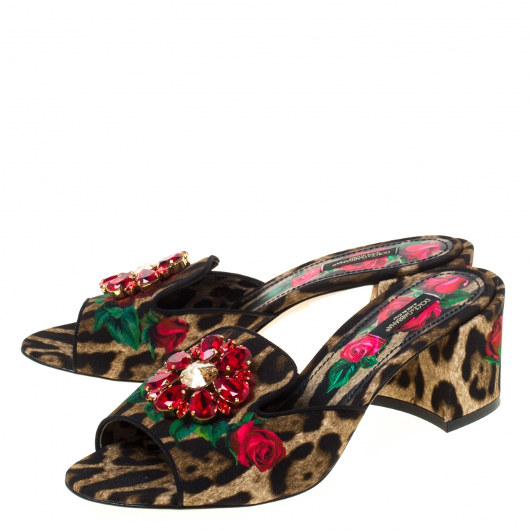 Pre Owned Dolce & Gabbana Brown Leopard And Floral Print Canvas Crystal Embellished Slip On Mules Size 39.5