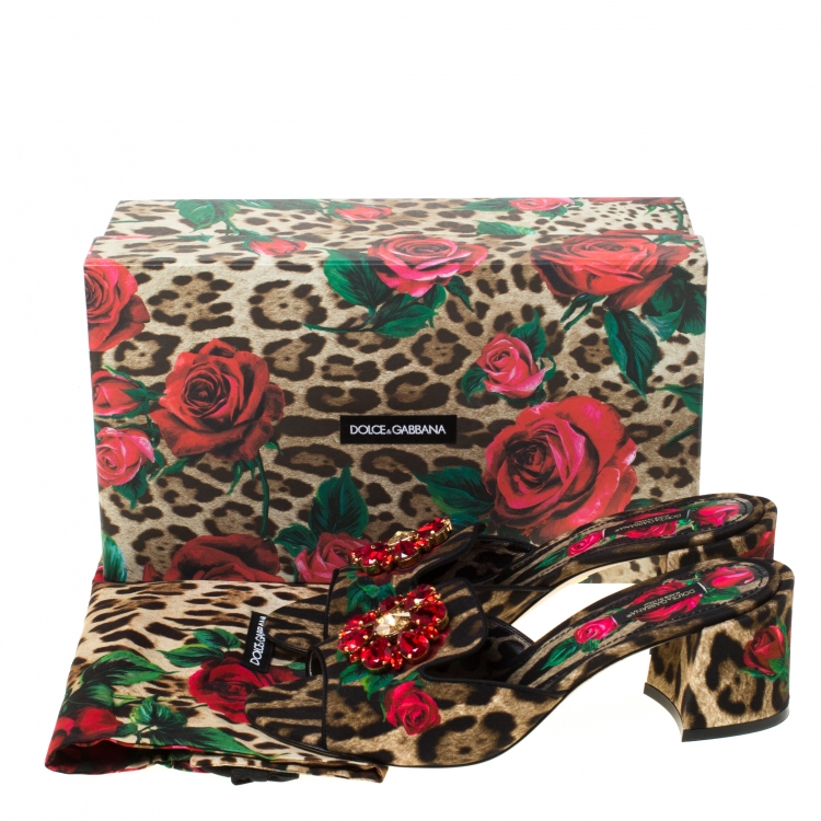 Pre Owned Dolce & Gabbana Brown Leopard And Floral Print Canvas Crystal Embellished Slip On Mules Size 39.5