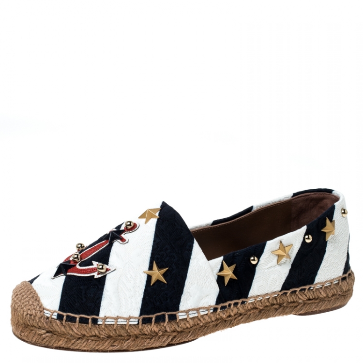 مملوكة مسبقًا Dolce & Gabbana Blue/White Striped Brocade Fabric Star Studded Espadrilles Size 36