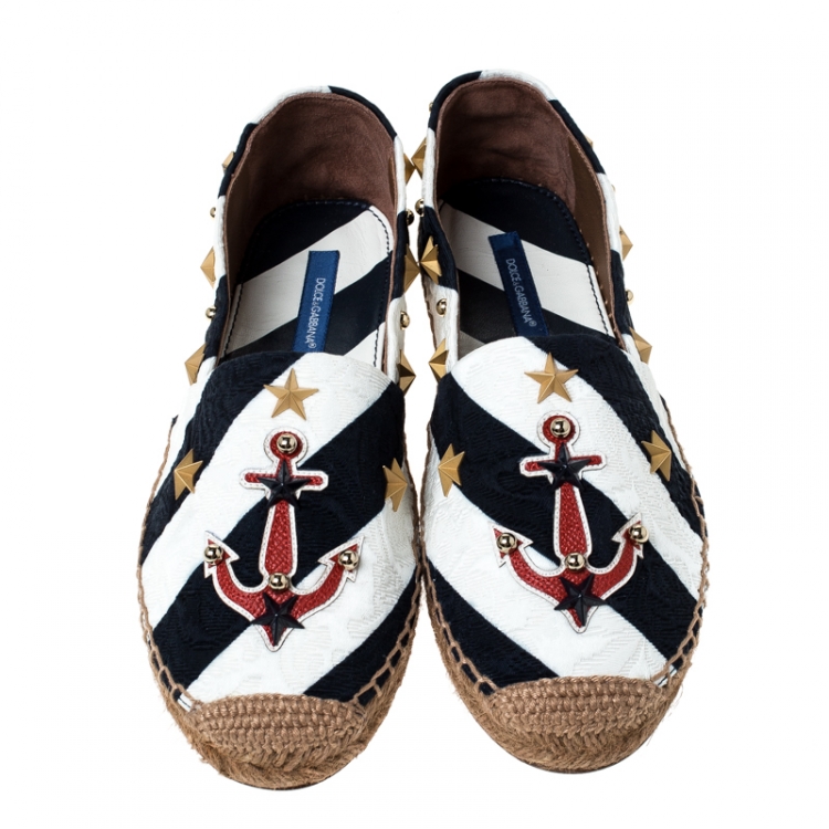 مملوكة مسبقًا Dolce & Gabbana Blue/White Striped Brocade Fabric Star Studded Espadrilles Size 36