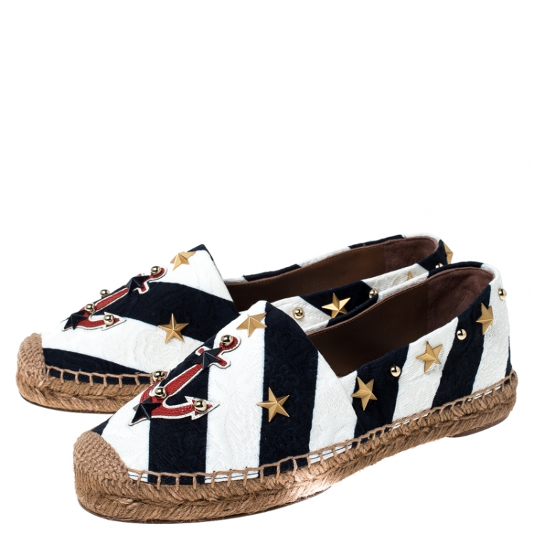 مملوكة مسبقًا Dolce & Gabbana Blue/White Striped Brocade Fabric Star Studded Espadrilles Size 36