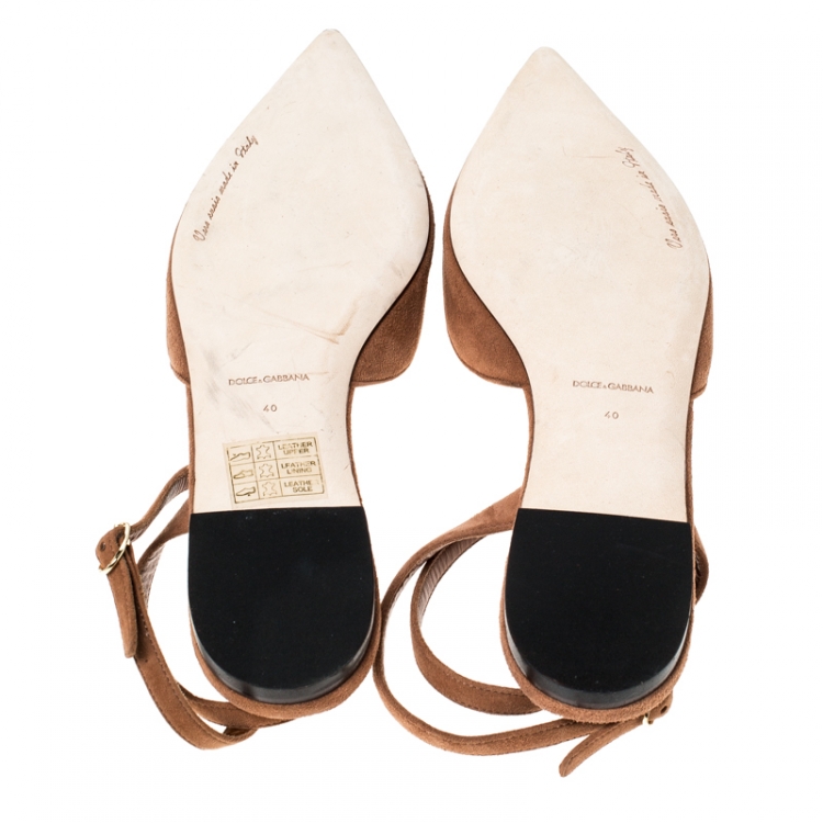 Pre Owned Dolce and Gabbana Brown Suede Crystal Embellished Ankle Strap Flats Size 40