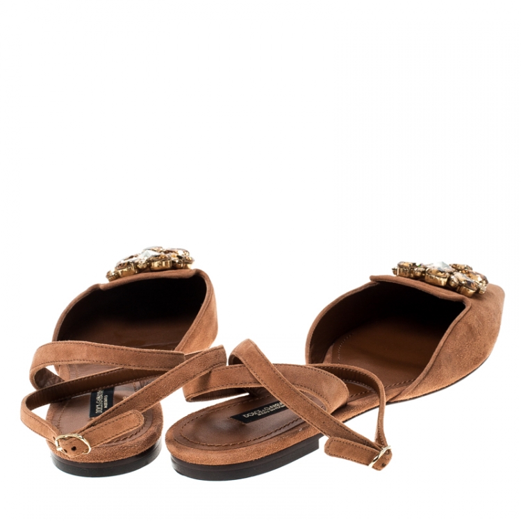 Pre Owned Dolce and Gabbana Brown Suede Crystal Embellished Ankle Strap Flats Size 40