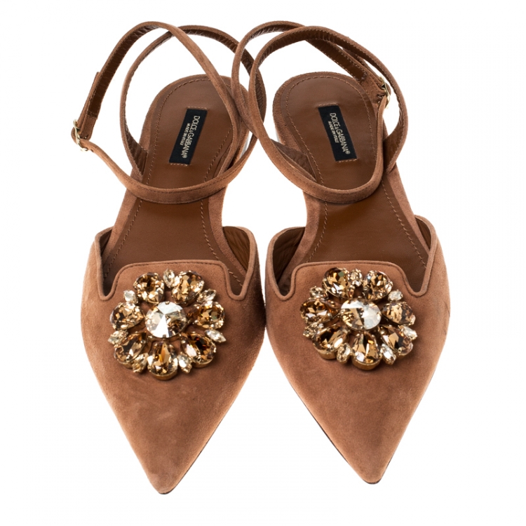 Pre Owned Dolce and Gabbana Brown Suede Crystal Embellished Ankle Strap Flats Size 40